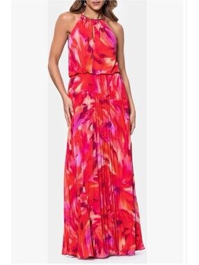 New Xscape Printed Pleated Sleeveless Halter-Neck Gown In Red Pink Sz 8 $269